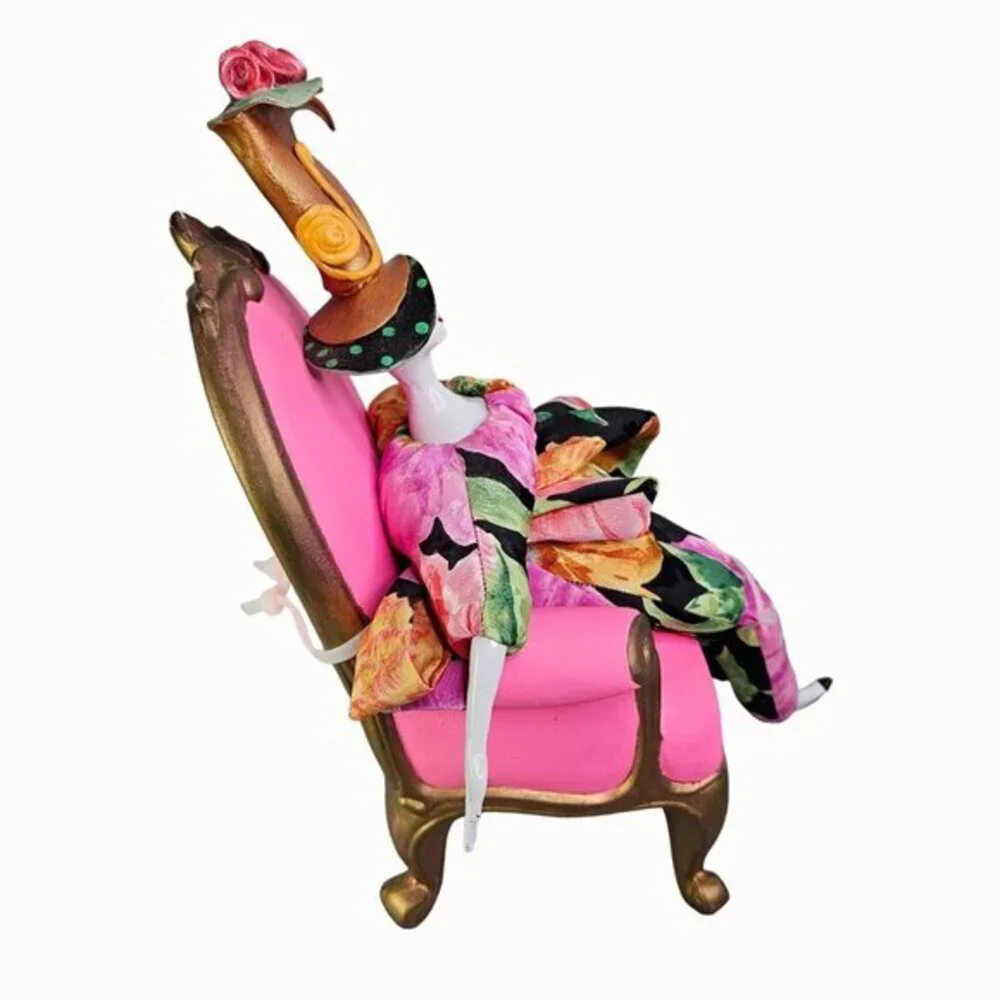 Poupee Millet Art Doll Floral Dress With Headpiece On Pink Chair Signed Vtg READ